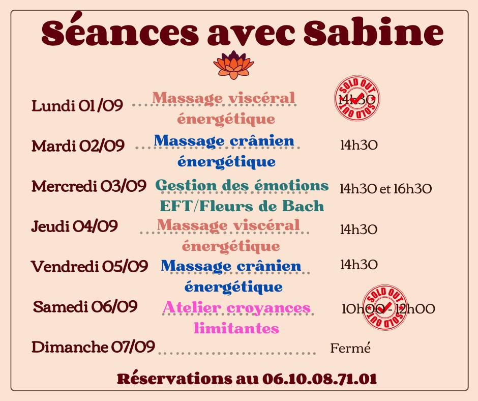 Disponibilités semaine du 1 au 6 septembre 2025