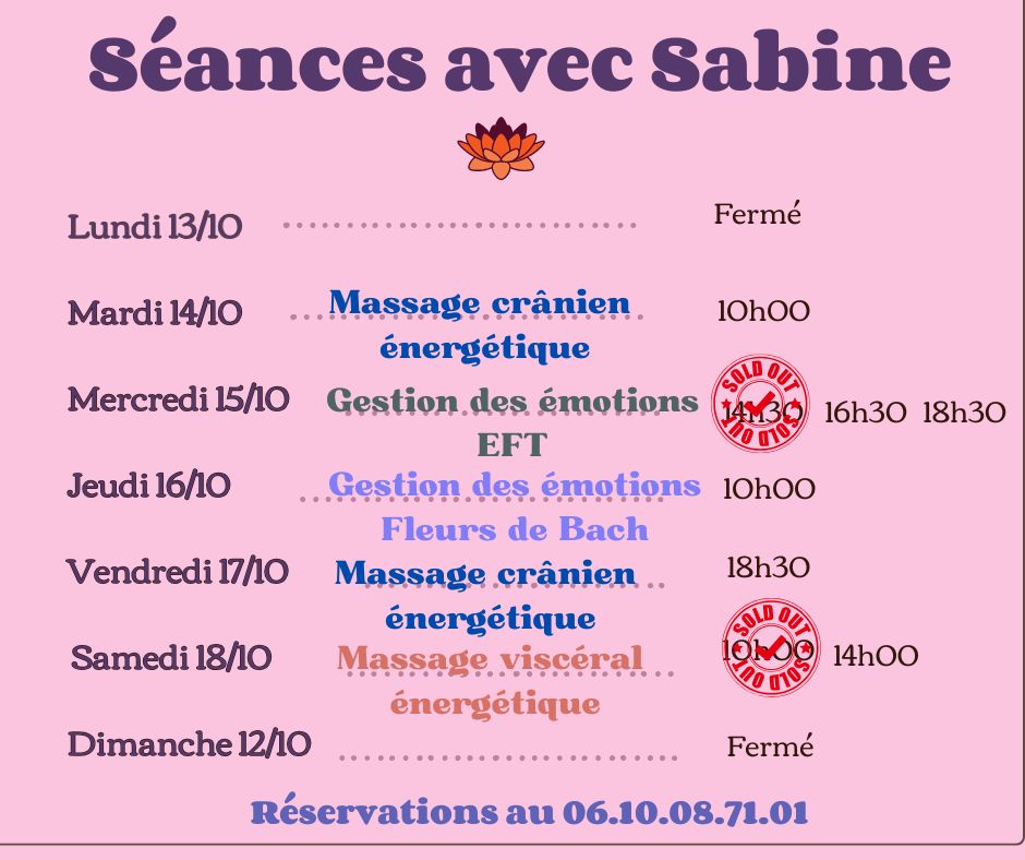 Disponibilités semaine du 13 au 18 octobre 2025