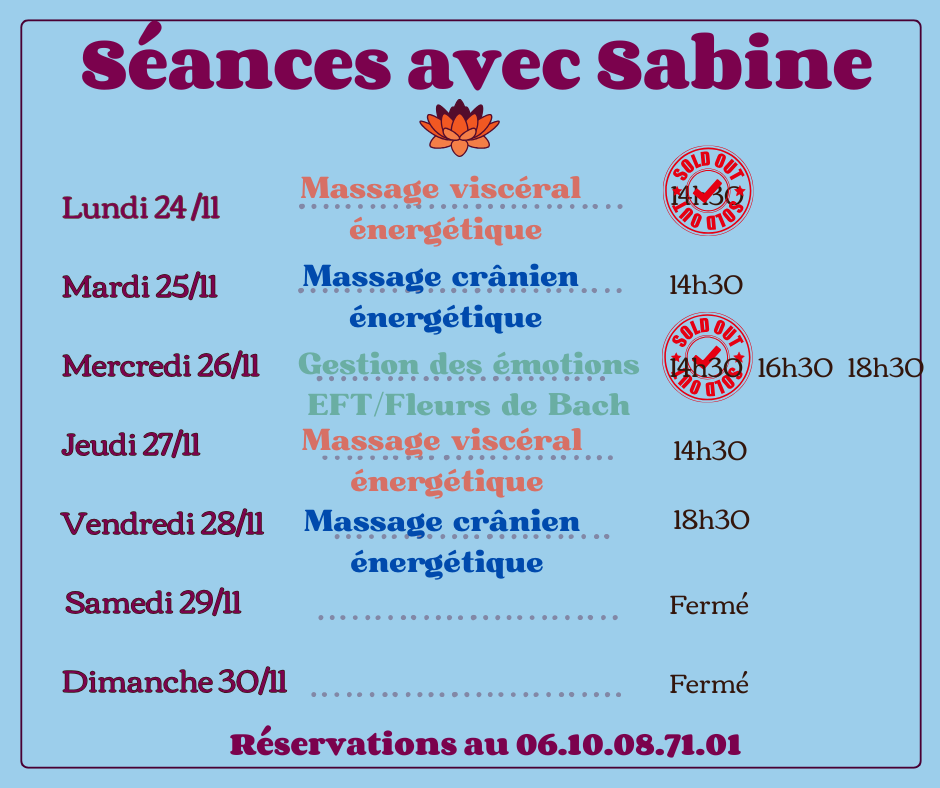 Disponibilités semaine du 24 au 29 novembre 2025