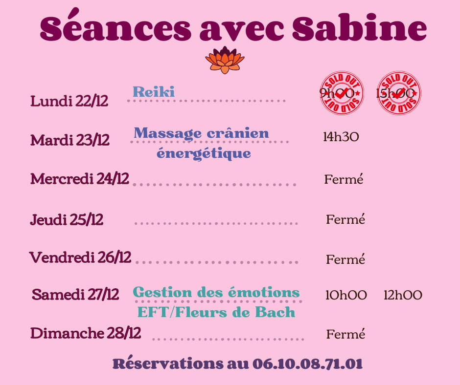 Disponibilités semaine du 22 au 28 décembre 2025