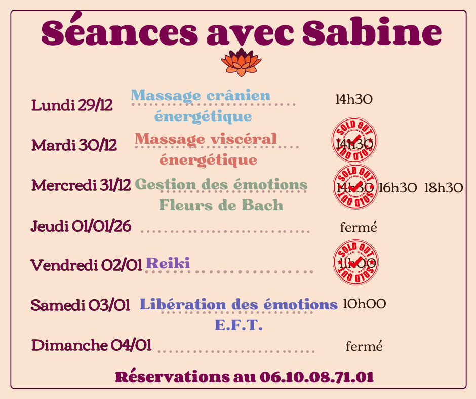 Disponibilités semaine du 29 décembre 2025 au 4 janvier 2026