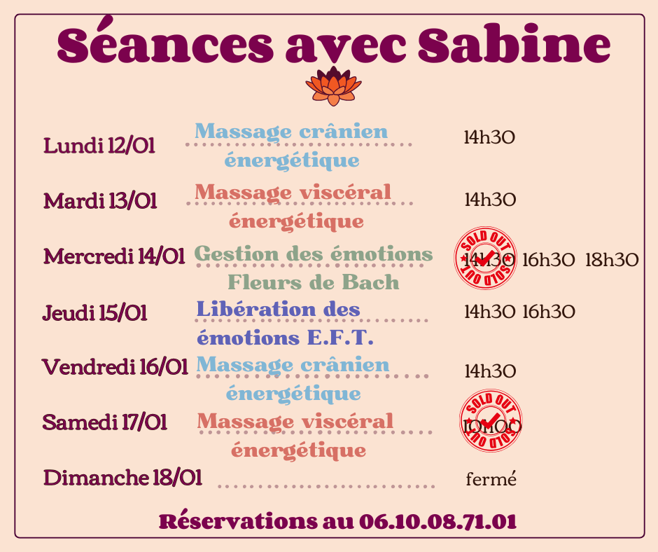 Disponibilités semaine du 12 au 17 janvier 2026