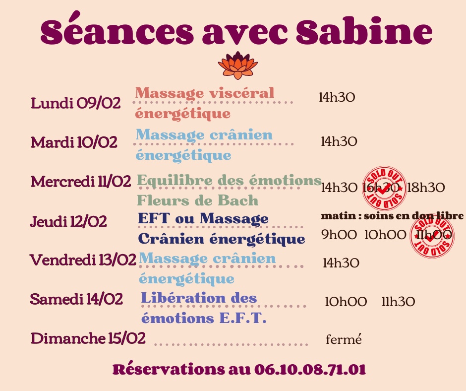 Disponibilités semaine du 9 au 15 février  2026