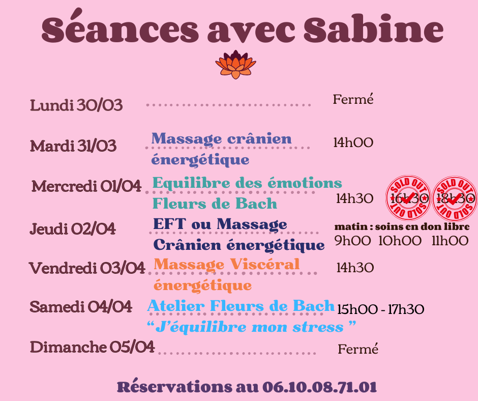 Disponibilités 30 mars au 5 avril 2026